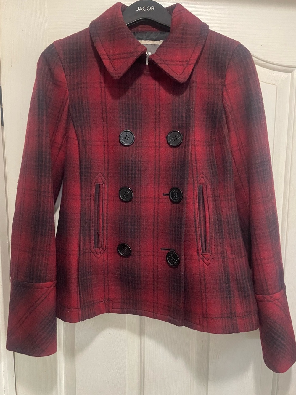 Jacob Red Plaid Double-Breasted Peacoat - Small